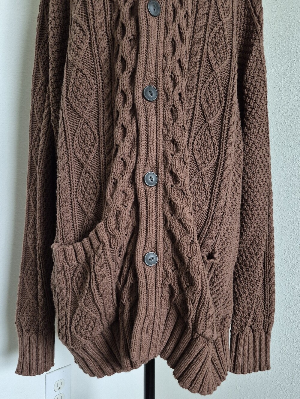 LL Bean Signature Cotton Fisherman Cable Knit Cardigan Sweater XXL Shawl Brown - Picture 5 of 14